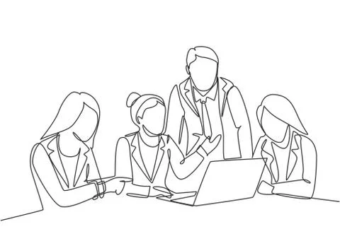 One single line drawing of young happy female CEO presenting new technology Stock Illustration