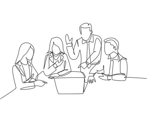 One single line drawing of young happy startup workers facing laptop computer Stock Illustration