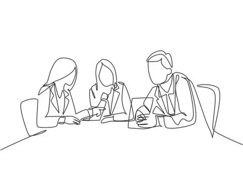 One single line drawing of young company founders brainstorming innovation 스톡 일러스트