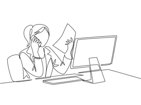 One single line drawing of young woman employee asking her friends Stockillustratie