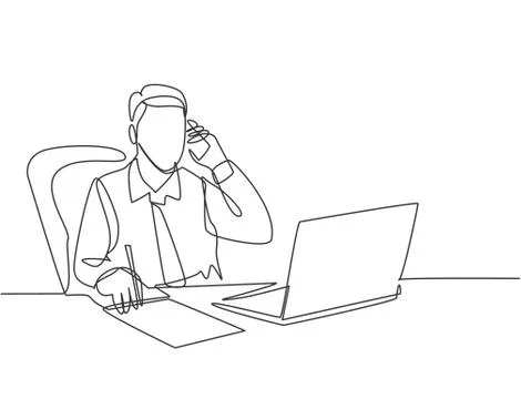 One single line drawing of young male employee holding smartphone Stock Illustration