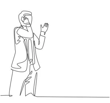 One single line drawing of young male startup CEO walking and holding phone Illustrazione stock