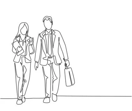 One single line drawing of young couple male and female managers discussing Stock-Illustration