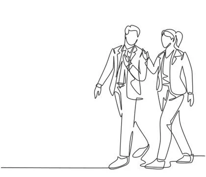One single line drawing of young couple male and female employees discussing Stock Illustration