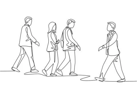 One single line drawing of young businessmen and businesswoman walk together Illustrazione stock