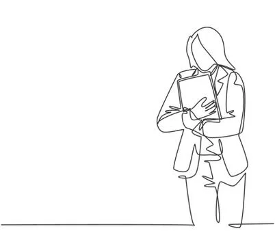 One single line drawing of young happy female worker at the office tightly Stock-Illustration