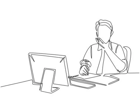One single line drawing of young pensive businessman watching computer Stock Illustration