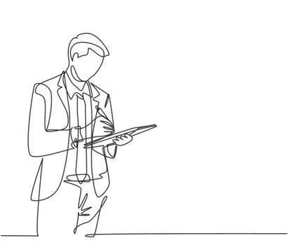 One single line drawing of young happy male worker standing Illustrazione stock
