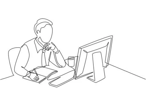 One single line drawing of young pensive businessman sit and watch computer Illustrazione stock