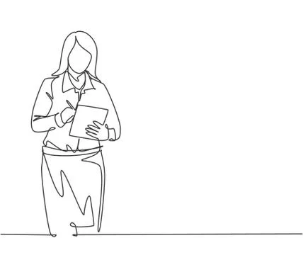 One single line drawing of young pensive female manager standing and thinking Stock Illustration