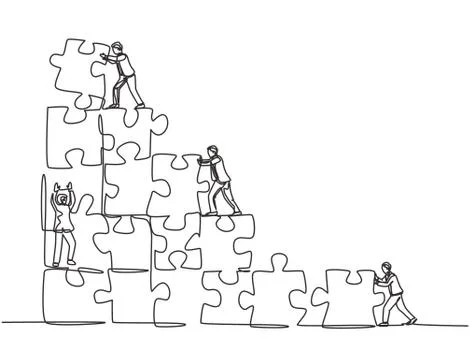 One single line drawing of young businessman push and arrange puzzle pieces Stock-Illustration