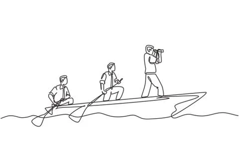 One single line drawing of young male team member take a boat to an island Illustrazione stock
