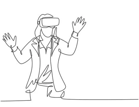 One single line drawing of young happy gamer business woman wearing vr Stock-Illustration