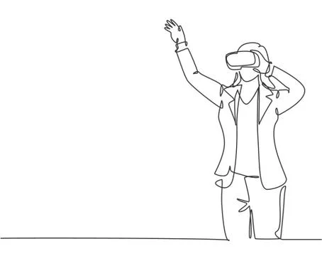 One single line drawing of young happy gamer businesswoman wearing vr Stock Illustration