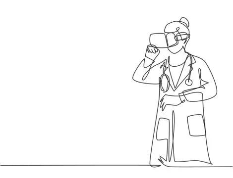 One single line drawing of young serious female doctor thinking pensively Illustrazione stock