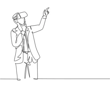 One single line drawing of young serious businessman thinking watching vr Illustrazione stock