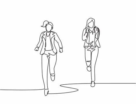 One single line drawing of young female workers try to beat each others Stock-Illustration