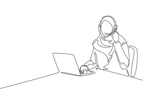 One single line drawing of young friendly Arabian woman on hijab answer phone Stock Illustration