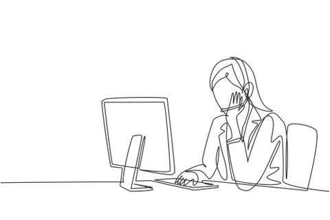 One single line drawing of young female customer service care listening Illustrazione stock
