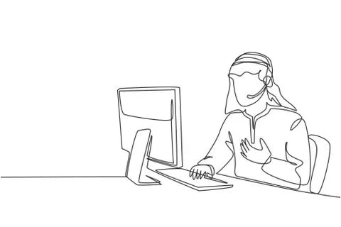 One single line drawing of young Arabian man wearing scarf receives complaint Illustrazione stock