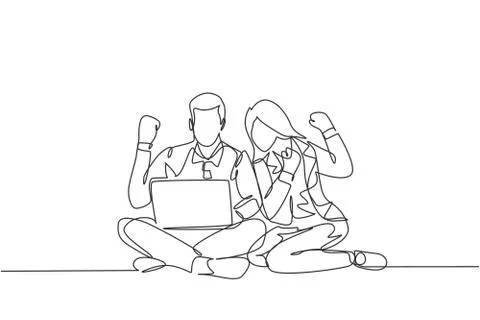 One single line drawing of young happy couple sitting on the floor Stock Illustration