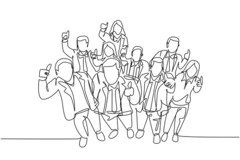 One single line drawing of young happy male and female managers raise hands Stock Illustration