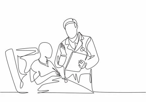 One single line drawing of young male doctor discuss positive health progress Ilustración de archivo