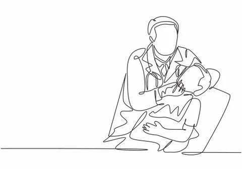 One single line drawing of young male dentist examine and pull a young boy Stock Illustration