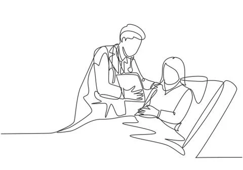One single line drawing of young doctor show great result of medical record Illustrazione stock