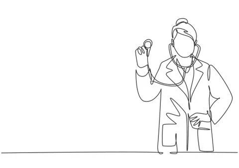 One single line drawing of young happy female doctor pose standing Illustrazione stock