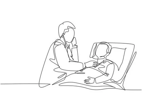 One single line drawing young male doctor examining patient health condition Illustrazione stock