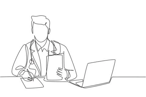 One single line drawing of young happy male doctor writing medical Illustrazione stock