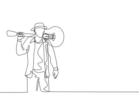 One single line drawing of young happy male guitarist standing Illustrazione stock