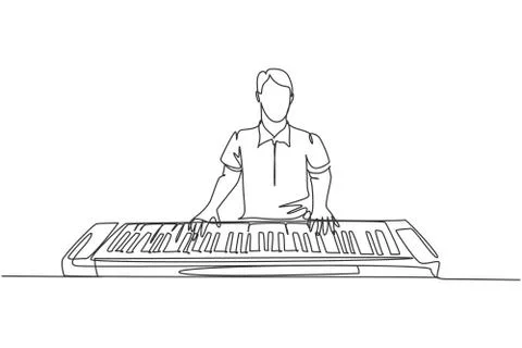 One single line drawing young happy male pianist playing electric synthesizer Stock Illustration