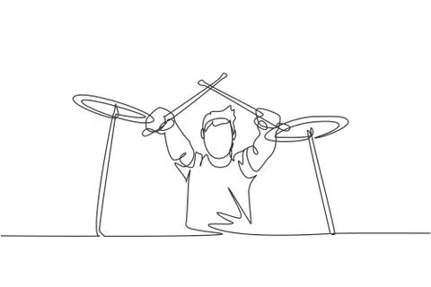 One single line drawing of young male drummer crossing the drumstick Illustrazione stock