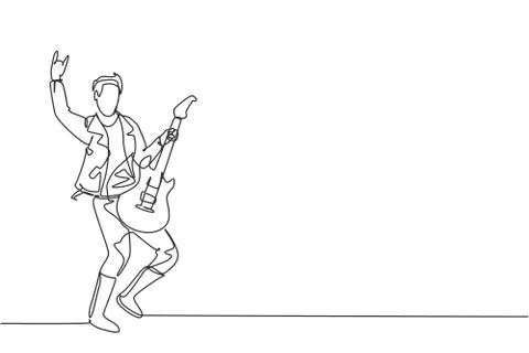One single line drawing of young happy male guitarist playing electric guitar 스톡 일러스트