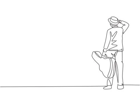 One single line drawing of young happy male guitarist standing Illustrazione stock