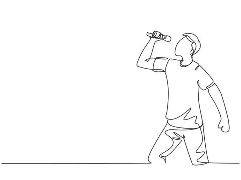 One single line drawing of young happy male rocker singer holding microphone Stock Illustration