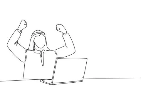 One single line drawing of young happy muslim worker celebrate Stock Illustration