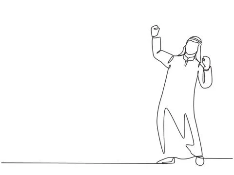 One single line drawing of young happy muslim manager celebrating his work Illustrazione stock