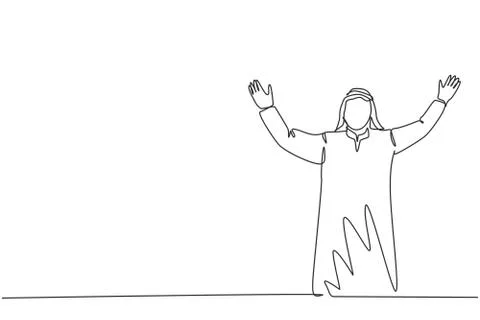 One single line drawing of young happy muslim employee celebrate his job Illustrazione stock