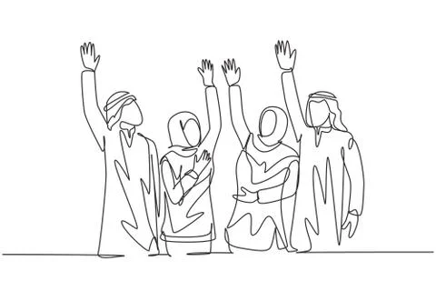 One single line drawing young happy muslim business people raise their hands Stock-Illustration