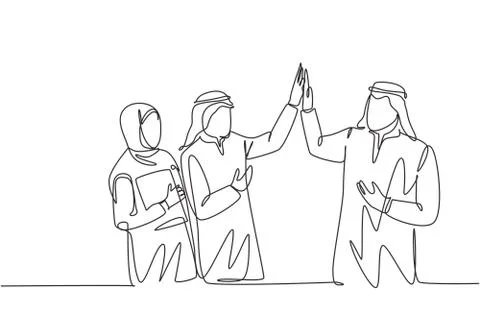 One single line drawing of young muslim employees giving high five gesture Illustrazione stock