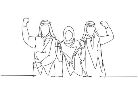 One single line drawing of young happy muslim marketing staff show teamwork Stock Illustration