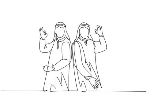 One single line drawing of young happy muslim employees give OK alright hands Illustrazione stock