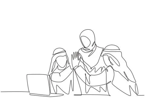 One single line drawing of young happy muslim marketer giving high five Illustrazione stock