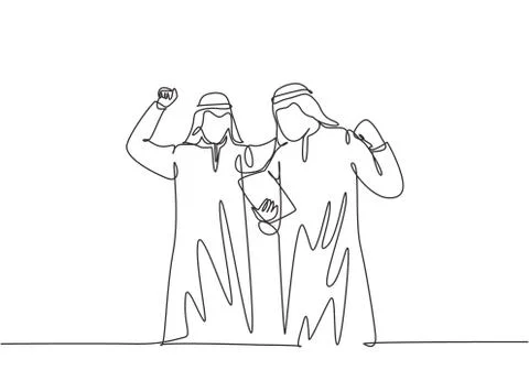 One single line drawing of young happy muslim sales manager celebrate success Illustrazione stock