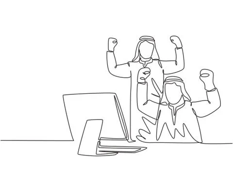 One single line drawing of young muslim marketer celebrate the sales increase Illustrazione stock