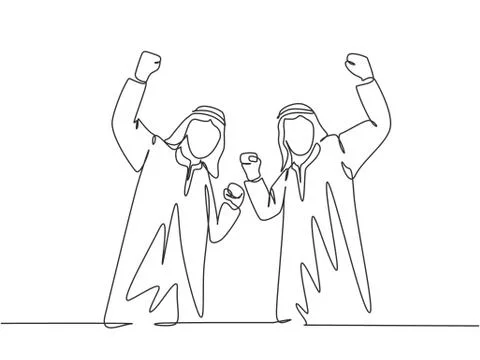 One single line drawing of young happy muslim employees celebrate their job Illustrazione stock