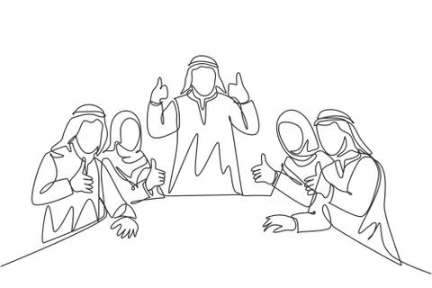 One single line drawing of young happy muslim businessman and his diversity Stock Illustration